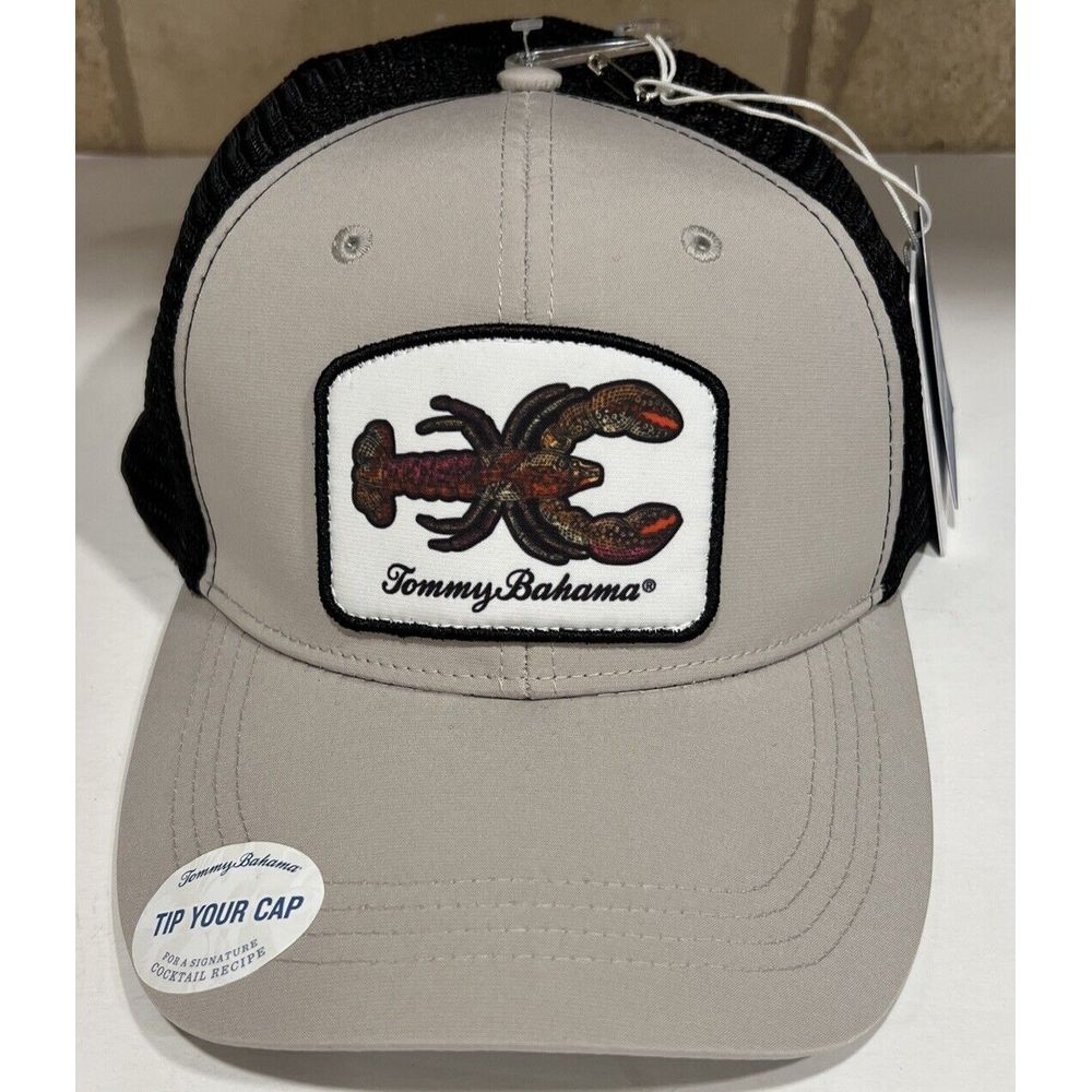 New‎ TOMMY BAHAMA "Tip Your Cap" Lobster Patch Snapback Trucker Hat Khaki Black